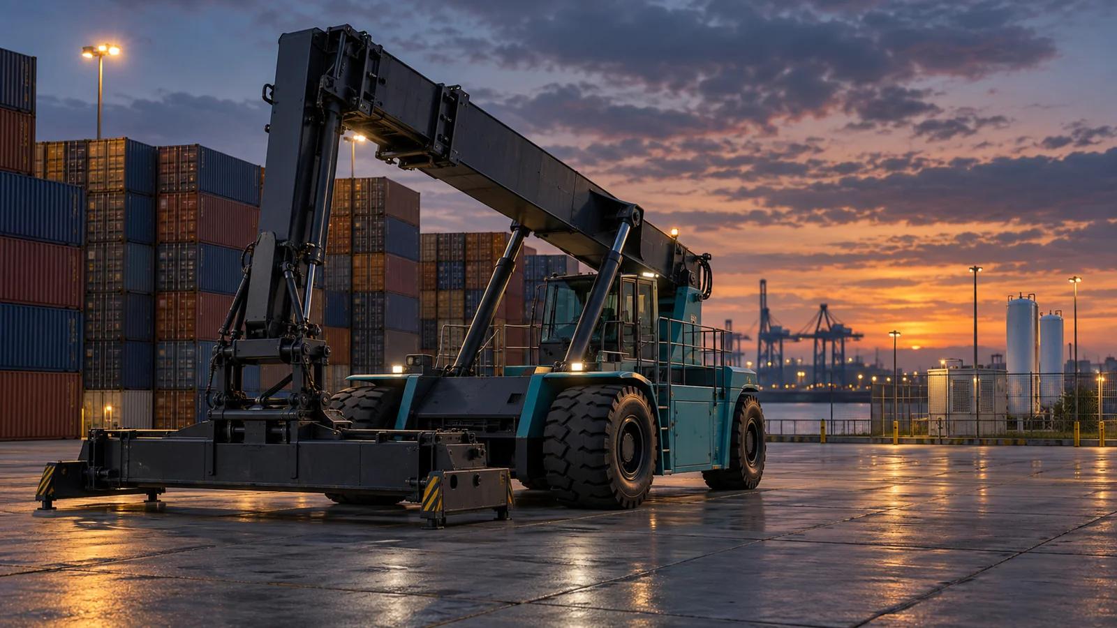 Editorial illustration of an unbranded container reach stacker parked in a terminal at dusk beside distant fenced energy infrastructure